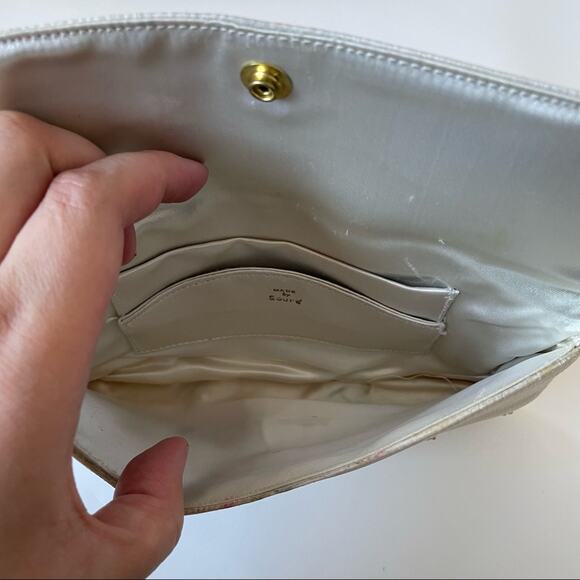 Vintage 1950s Soure Beaded Envelope Clutch Bag Silk 3D Roses Cream Pink GUC - Picture 5 of 11